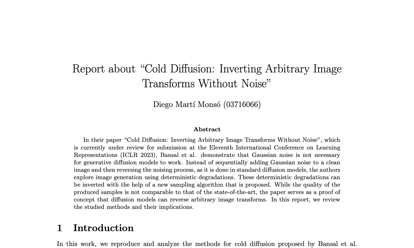 Report about "Cold Diffusion: Inverting Arbitrary Image Transforms Without Noise"